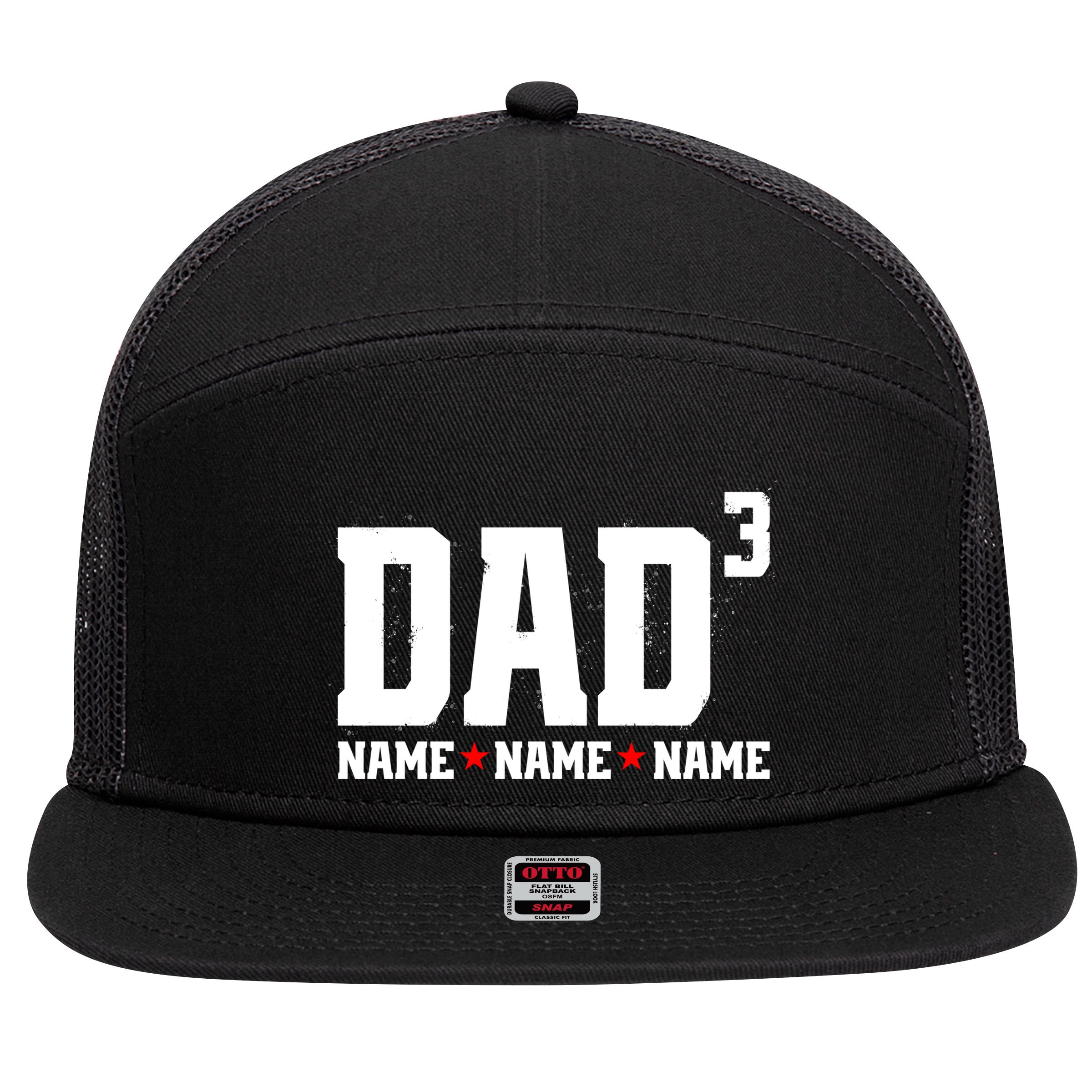 Dad Of 3 Fathers Day Gift Daughter Son Kids Names Personalized 7 Panel Mesh Trucker Snapback Hat