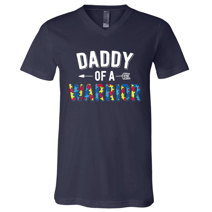 Daddy Of A Warrior Family Dad World Autism Awareness Day V-Neck T-Shirt