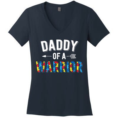 Daddy Of A Warrior Family Dad World Autism Awareness Day Women's V-Neck T-Shirt