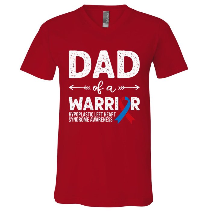 Dad Of A Warrior Red & Blue Ribbon HLHS Awareness V-Neck T-Shirt