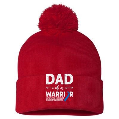 Dad Of A Warrior Red & Blue Ribbon HLHS Awareness Pom Pom 12in Knit Beanie