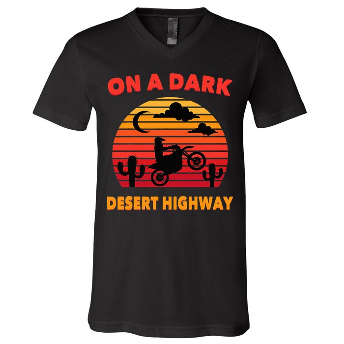 Desert On A Dark Desert Highway Mojave Cactus Retro V-Neck T-Shirt