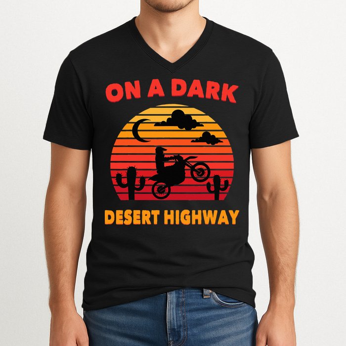 Desert On A Dark Desert Highway Mojave Cactus Retro V-Neck T-Shirt