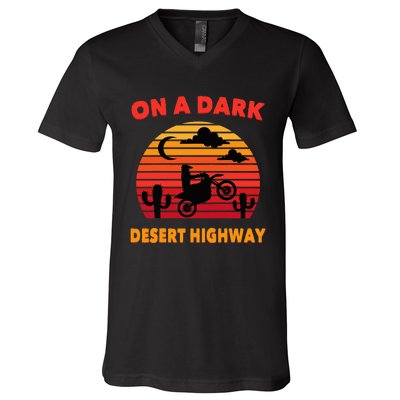 Desert On A Dark Desert Highway Mojave Cactus Retro V-Neck T-Shirt