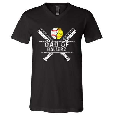 Dad Of Ballers Baseball Dad Softball Dad Fathers Day V-Neck T-Shirt