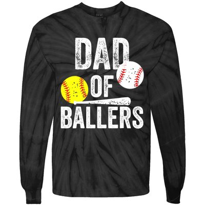 Dad of Ballers Funny Dad of Baseball and Softball Player Tie-Dye Long Sleeve Shirt