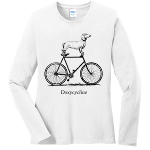 Dachshund On Bicycle Doxycycline Pun Veterinary Vet Tech Ladies Long Sleeve Shirt