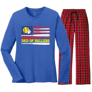 Dad Of Ballers American Flag Funny Baseball Dad Softball Gift Women's Long Sleeve Flannel Pajama Set 