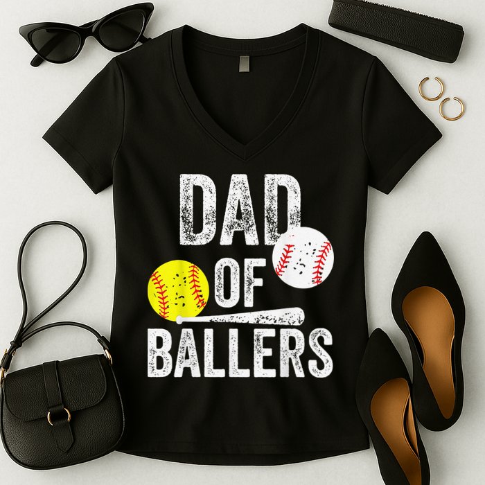 Dad of Ballers Dad of Baseball And Softball Player For Dad Women's V-Neck T-Shirt