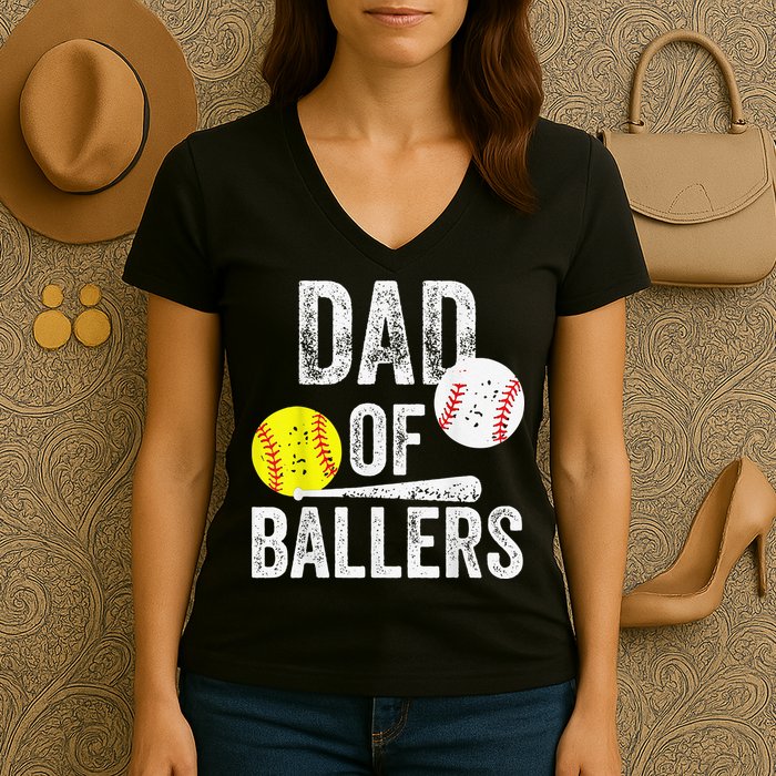 Dad of Ballers Dad of Baseball And Softball Player For Dad Women's V-Neck T-Shirt