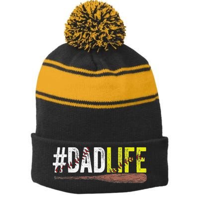 Dad of Ballers Dad of Baseball And Softball Player Stripe Pom Pom Beanie