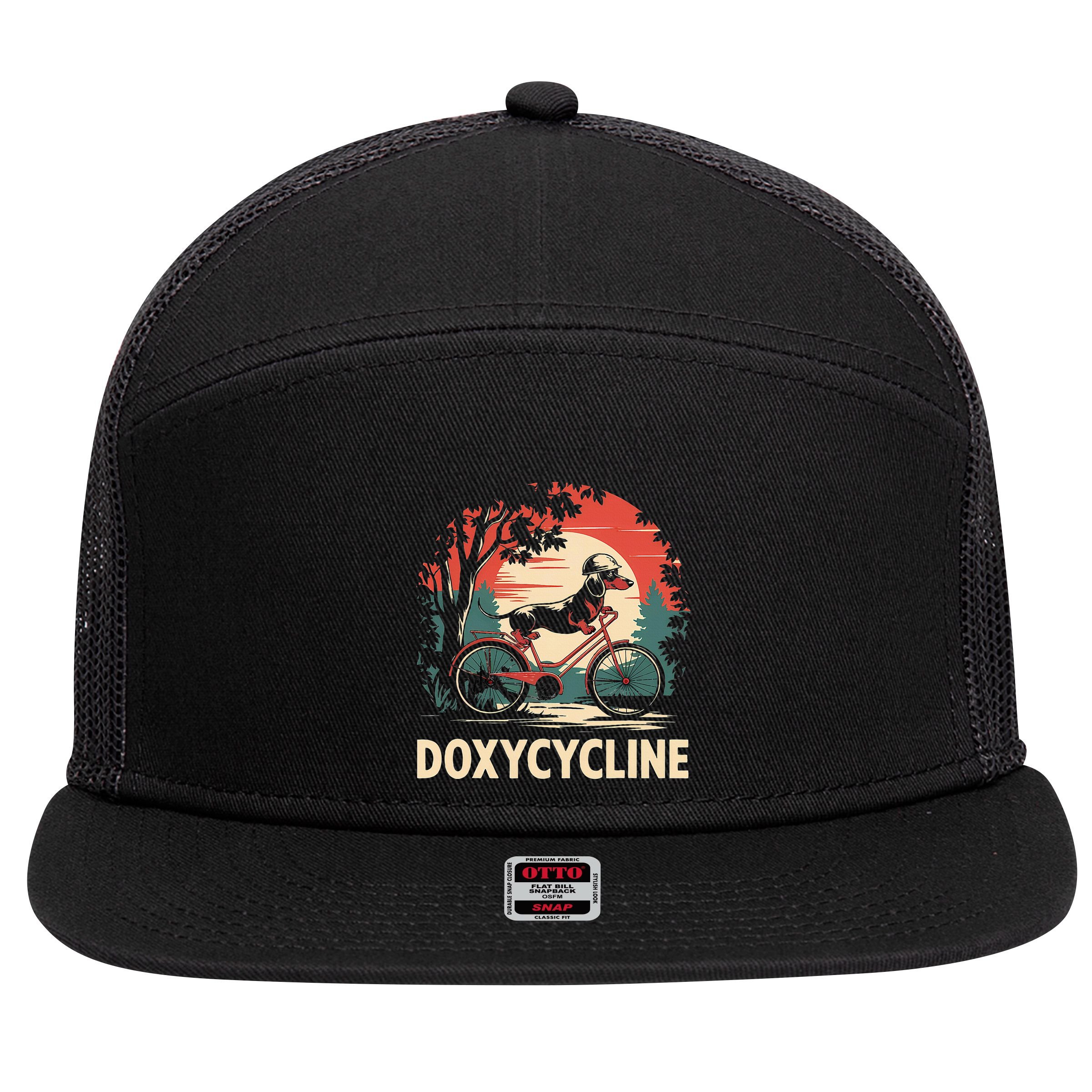 Dachshund On Bicycle Doxycycline Pharmacy Pun Dog Pharmacist 7 Panel Mesh Trucker Snapback Hat