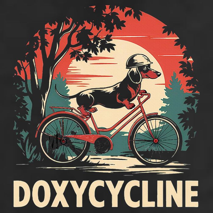 Dachshund On Bicycle Doxycycline Pharmacy Pun Dog Pharmacist 7 Panel Mesh Trucker Snapback Hat