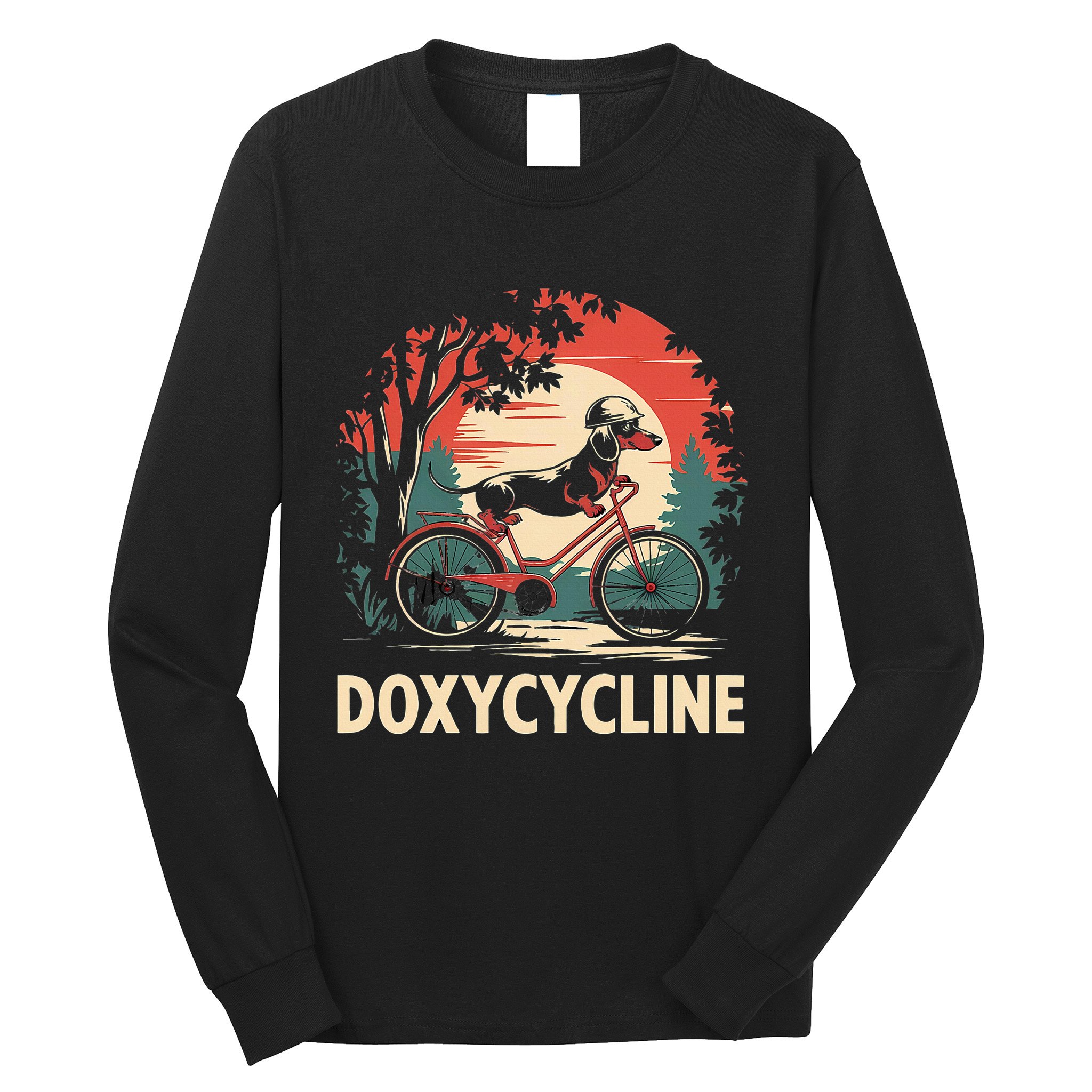 Dachshund On Bicycle Doxycycline Pharmacy Pun Dog Pharmacist Long Sleeve Shirt