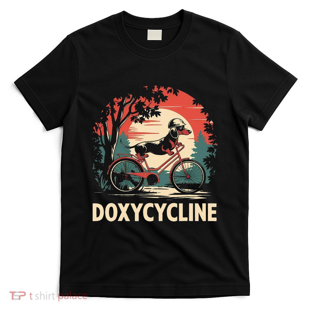 Dachshund On Bicycle Doxycycline Pharmacy Pun Dog Pharmacist T-Shirt