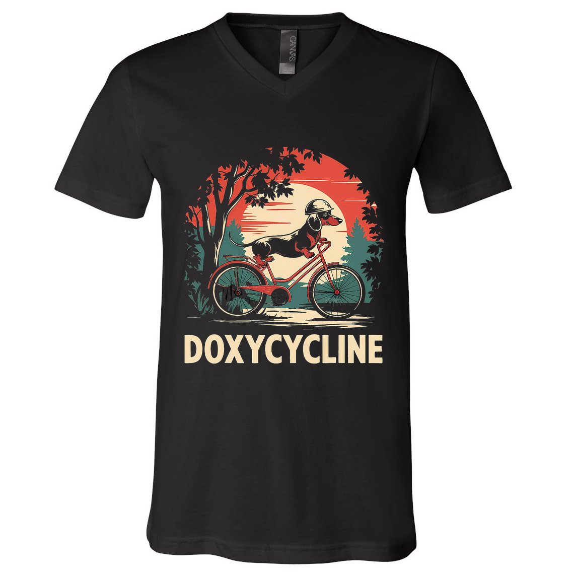 Dachshund On Bicycle Doxycycline Pharmacy Pun Dog Pharmacist V-Neck T-Shirt