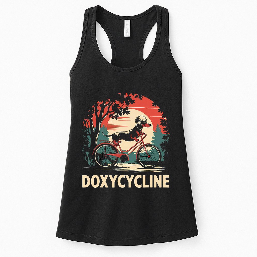 Dachshund On Bicycle Doxycycline Pharmacy Pun Dog Pharmacist Womens Tank Top