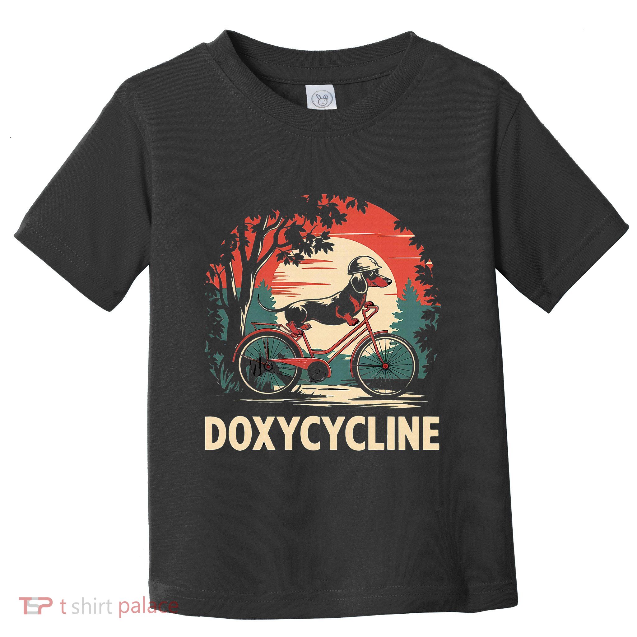 Dachshund On Bicycle Doxycycline Pharmacy Pun Dog Pharmacist Toddler T-Shirt