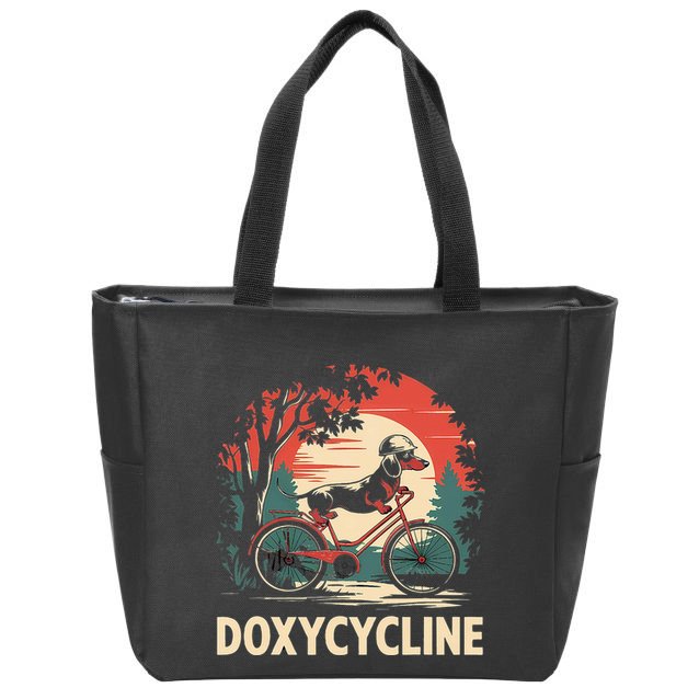 Dachshund On Bicycle Doxycycline Pharmacy Pun Dog Pharmacist Zip Tote Bag