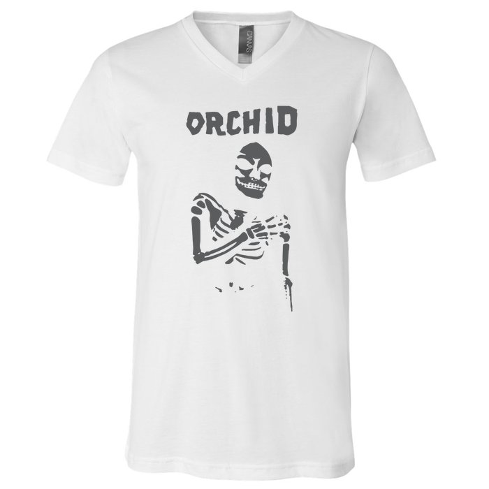 Deathwishinc Orchid Chaos Skeleton Silver V-Neck T-Shirt