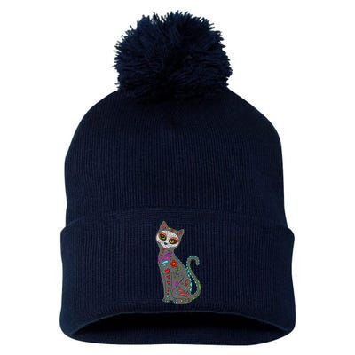 Day Of Dead Cat Mexican Cat Lover Cat Sugar Skull Pom Pom 12in Knit Beanie