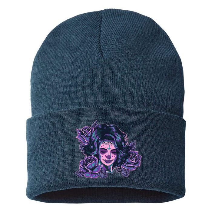 Day Of Dead Dia Los Muertos Sugar Skull Woman Sustainable Knit Beanie