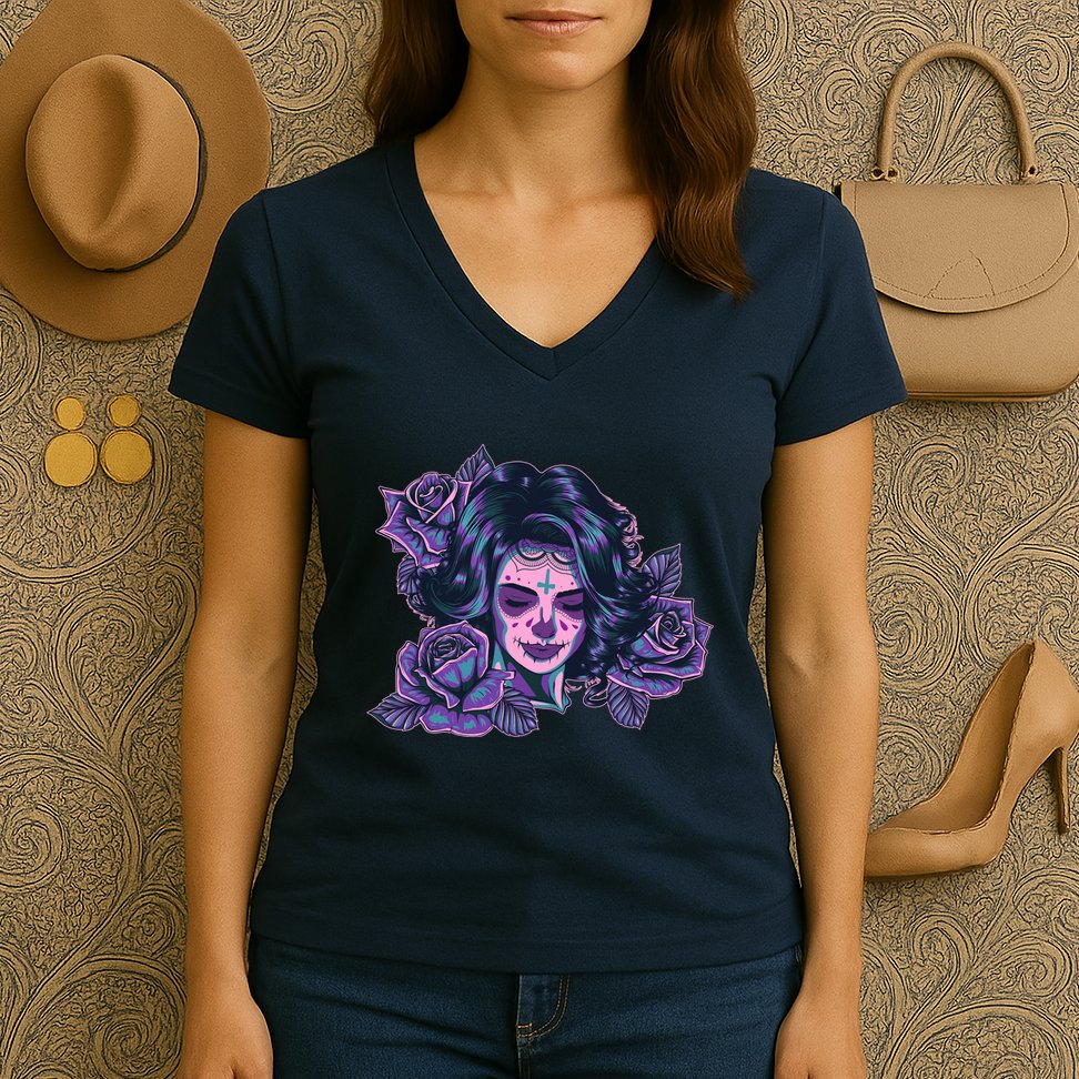 Day Of Dead Dia Los Muertos Sugar Skull Woman Women's V-Neck T-Shirt