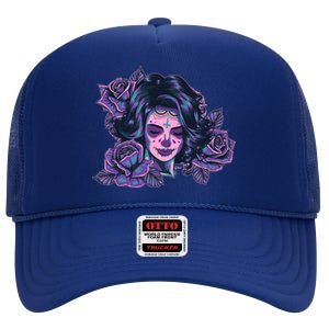 Day Of Dead Dia Los Muertos Sugar Skull Woman High Crown Mesh Back Trucker Hat