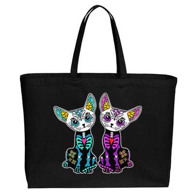 Day Of Dead Sugar Cats Skeleton Skull Cotton Canvas Jumbo Tote