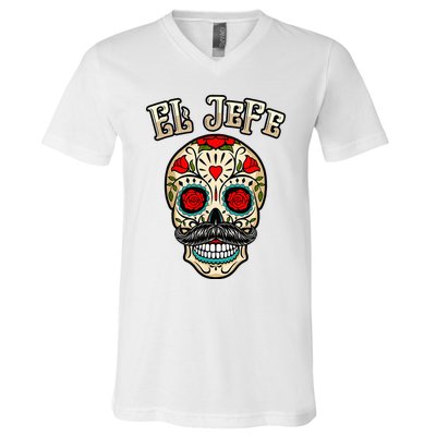 Day Of Dead Mexico El Jefe Mexican Boss Sugar Skull  V-Neck T-Shirt