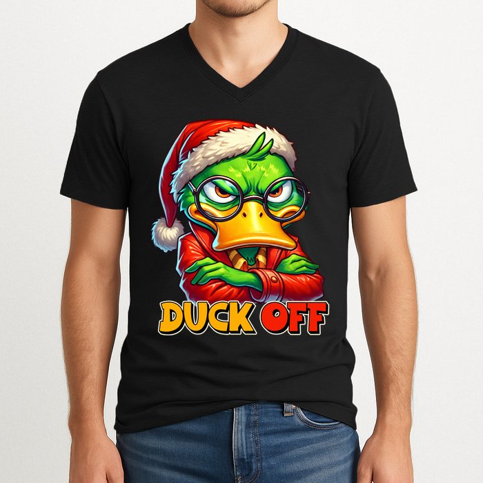 Duck Off Funny Sarcastic Grumpy Duck Christmas V-Neck T-Shirt