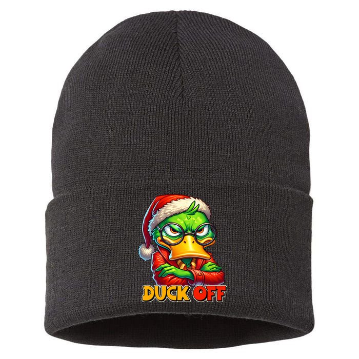 Duck Off Funny Sarcastic Grumpy Duck Christmas Sustainable Knit Beanie