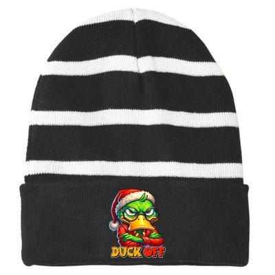 Duck Off Funny Sarcastic Grumpy Duck Christmas Striped Beanie with Solid Band