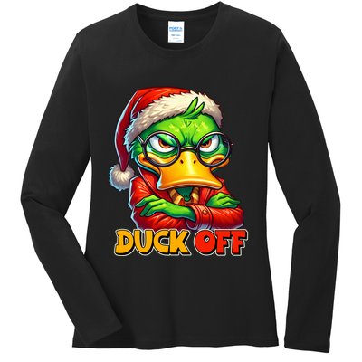 Duck Off Funny Sarcastic Grumpy Duck Christmas Ladies Long Sleeve Shirt