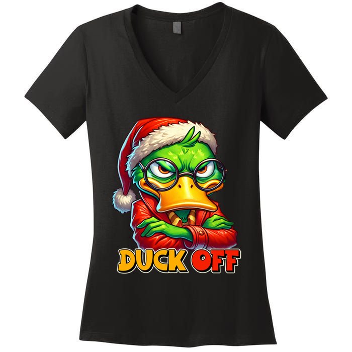 Duck Off Funny Sarcastic Grumpy Duck Christmas Women's V-Neck T-Shirt