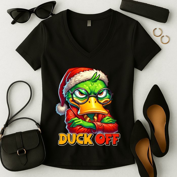 Duck Off Funny Sarcastic Grumpy Duck Christmas Women's V-Neck T-Shirt