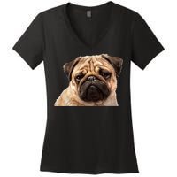 Dog - Close-Up of Pug Face Women's V-Neck T-Shirt