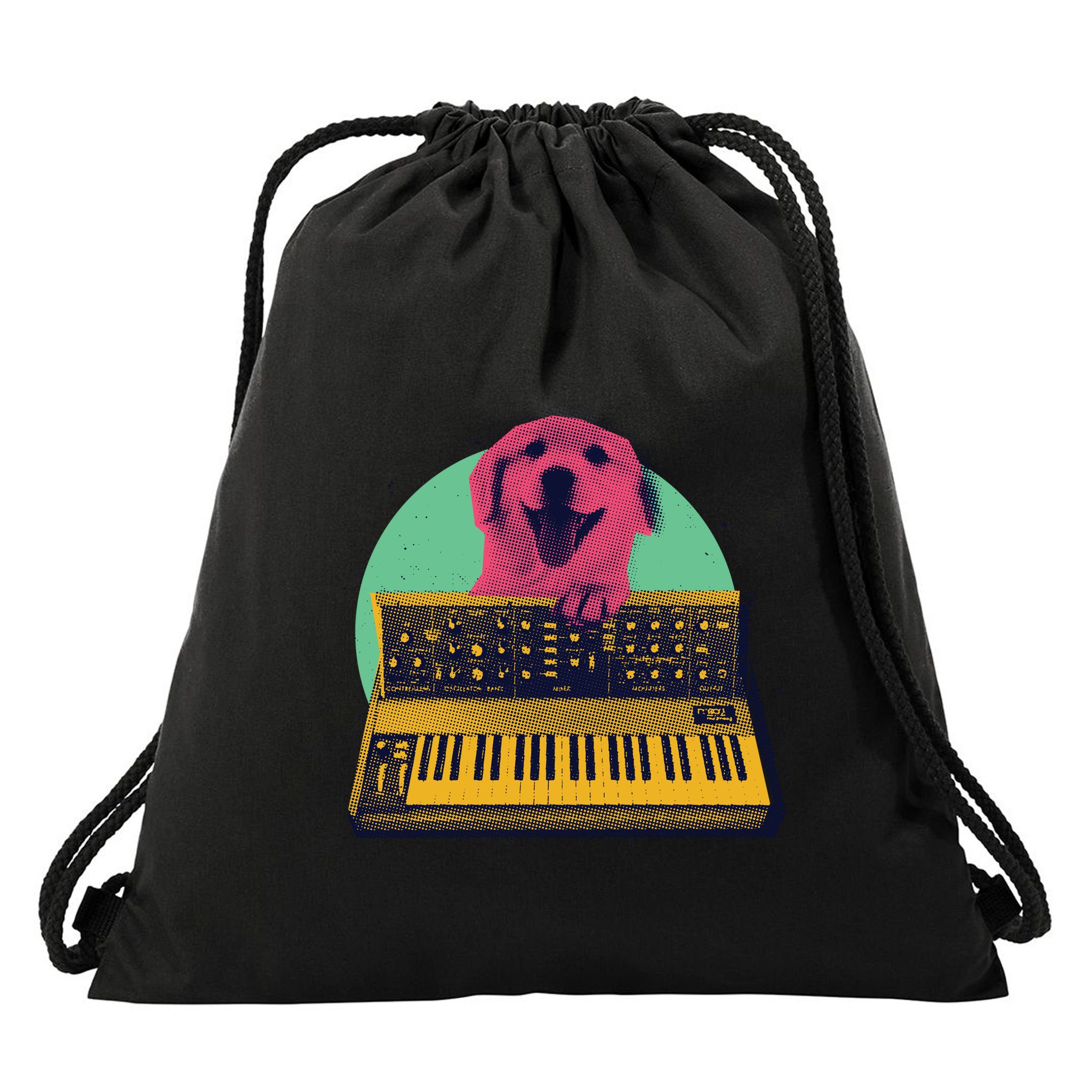 Dog Playing Piano Drawstring Bag