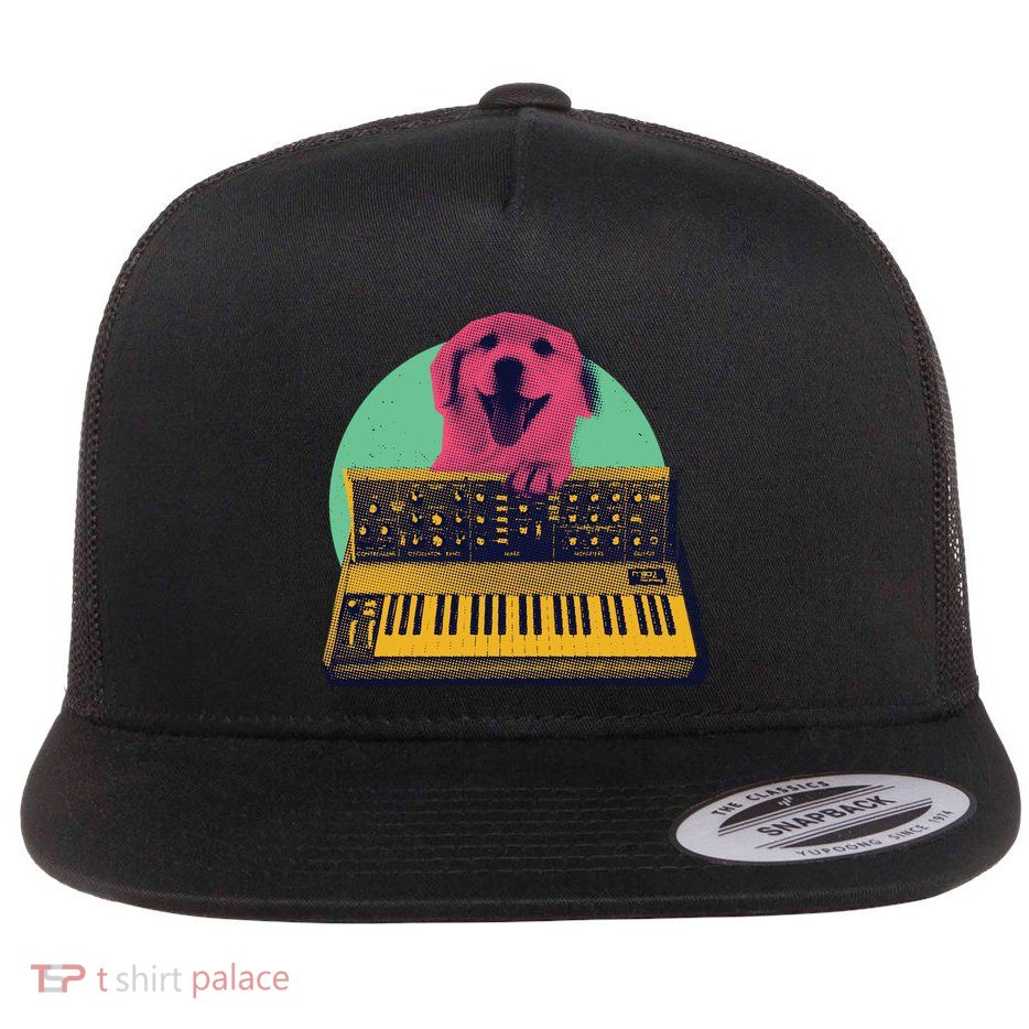 Dog Playing Piano Flat Bill Trucker Hat