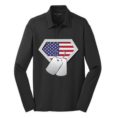 Dog Tag American Flag Superhero Emblem Silk Touch Performance Long Sleeve Polo