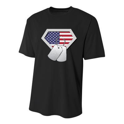 Dog Tag American Flag Superhero Emblem Youth Performance Sprint T-Shirt