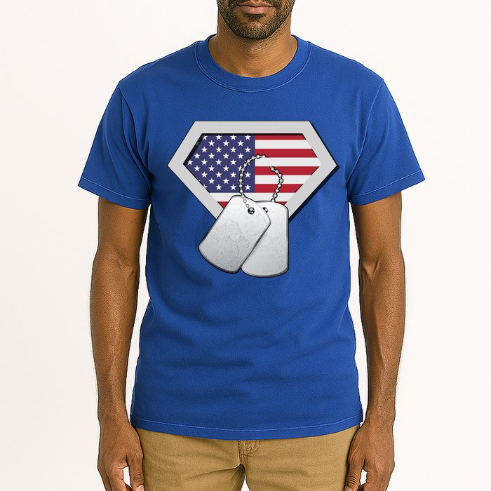 Dog Tag American Flag Superhero Emblem Tall T-Shirt