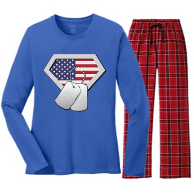 Dog Tag American Flag Superhero Emblem Women's Long Sleeve Flannel Pajama Set 