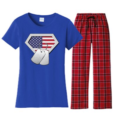 Dog Tag American Flag Superhero Emblem Women's Flannel Pajama Set