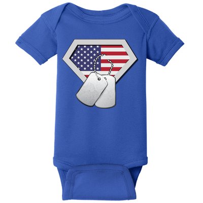 Dog Tag American Flag Superhero Emblem Baby Bodysuit