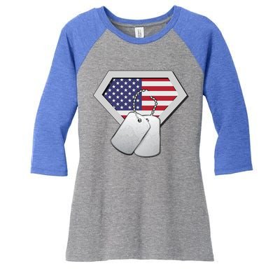 Dog Tag American Flag Superhero Emblem Women's Tri-Blend 3/4-Sleeve Raglan Shirt