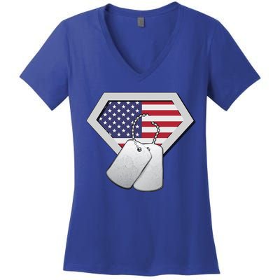 Dog Tag American Flag Superhero Emblem Women's V-Neck T-Shirt