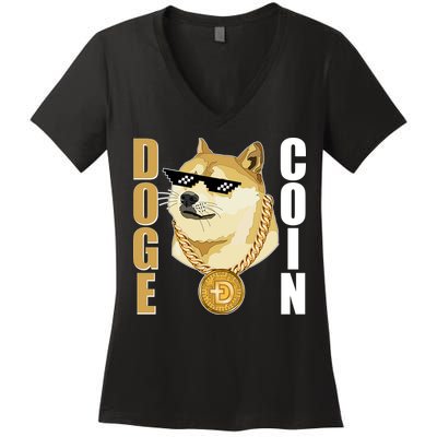 Doge Coin Gansta Thug Dogecoin Crypto Currency Women's V-Neck T-Shirt