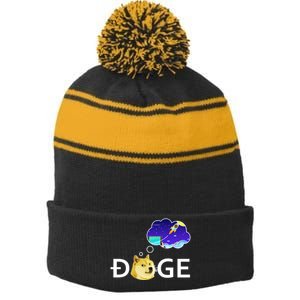 Doge To The Moon Crypto Currency Dogecoin Stripe Pom Pom Beanie