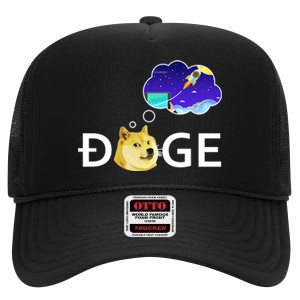 Doge To The Moon Crypto Currency Dogecoin High Crown Mesh Back Trucker Hat